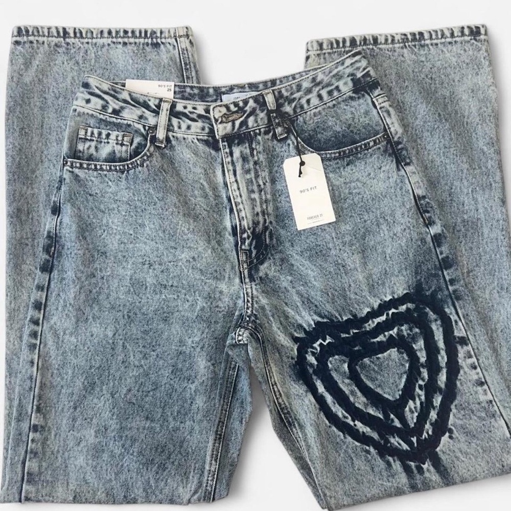 Forever 21 Blue Heart Design Straight Leg Jeans